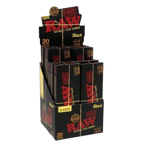 Conos RAW Pre-rolados Caja 12 x 20 (240) – Black 1¼ – Vuelo 420 Smoke Shop México