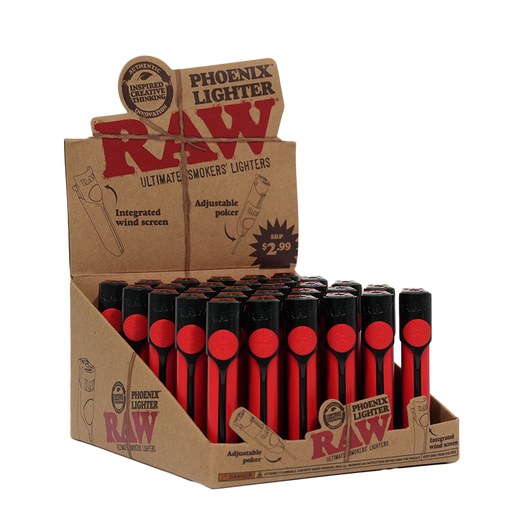 Encendedores RAW Phoenix Recargables (Exhibidor 30 pz) – Rojo con Protector de Viento – Vuelo 420 Smoke Shop México