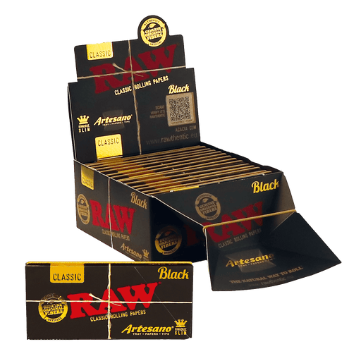 Papeles RAW Artesano Caja 15 pz – Black King Size Slim – Vuelo 420 Smoke Shop México