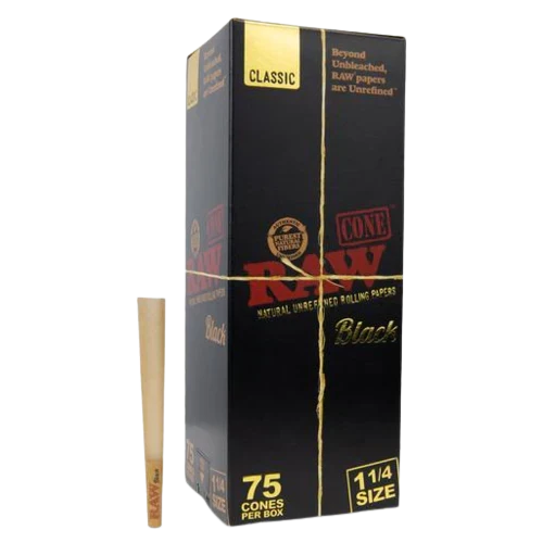 Conos RAW Pre-rolados (Caja 75 pz) – Black 1¼ – Vuelo 420 Smoke Shop México