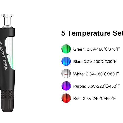 Estas son las temperaturas de calentamiento del Vaporizador 3 en 1 XVape Fyra para hierbas, wax y cartuchos 510 de cannabis