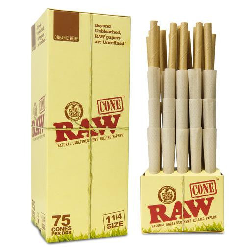 Conos RAW Pre-rolados (Caja 75 pz) – Organic Hemp 1¼ – Vuelo 420 Smoke Shop México