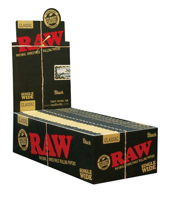 Papeles RAW Single Wide (Caja) – Black (25 libritos) – Vuelo 420 Smoke Shop México